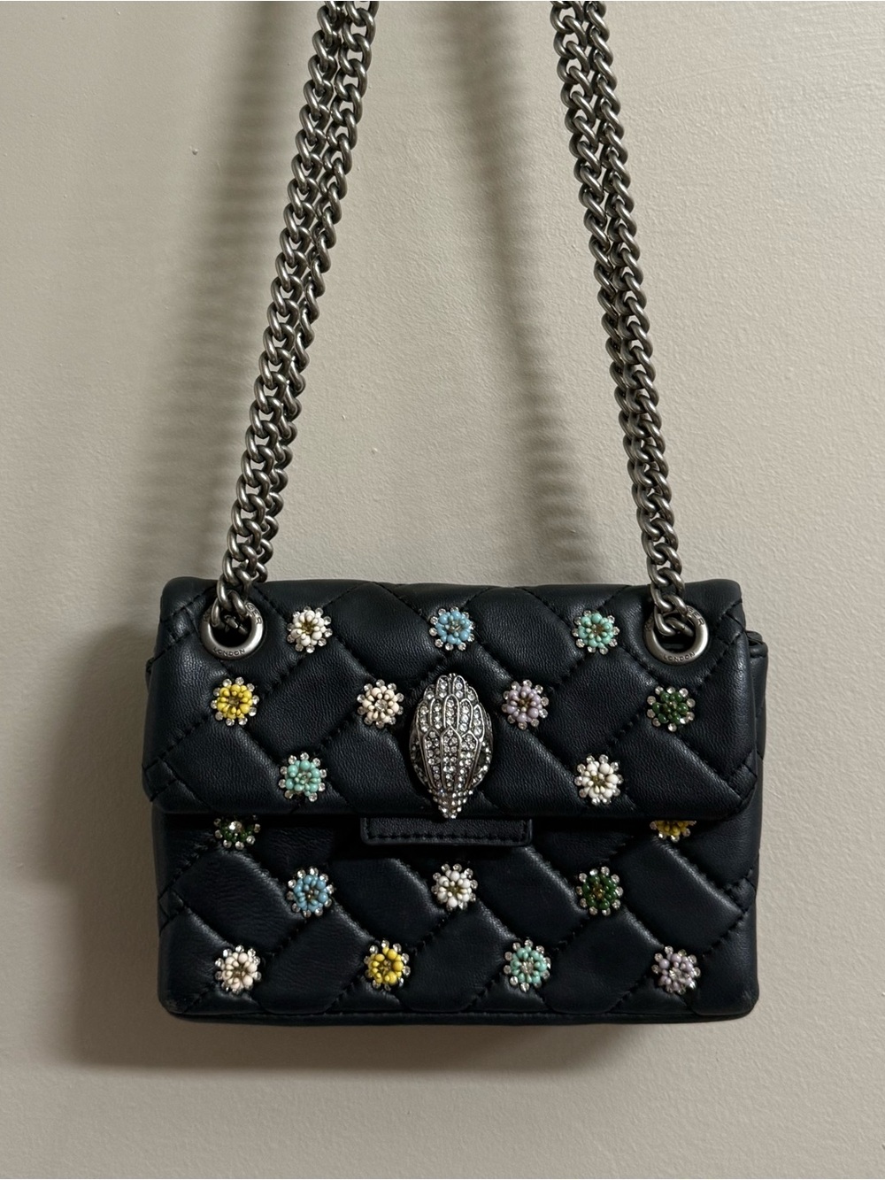 Kurt Geiger Black Quilted Shoulder Bag with Multicolor Gem Flowers